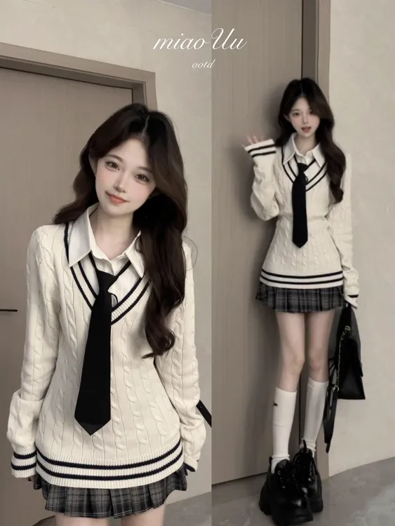 韩系穿搭假两件针织衫学院风衬衫领拼接毛衣巨好看的早秋上衣女
