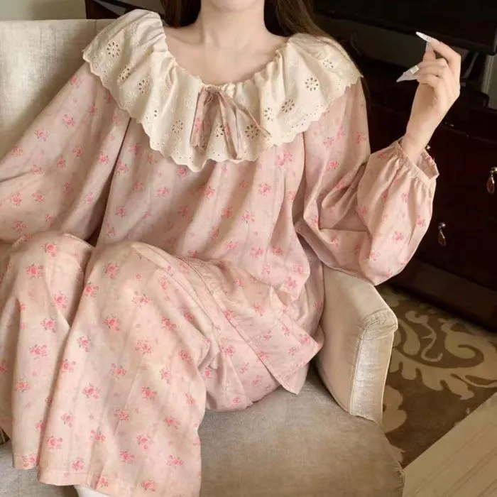春秋季长袖日系花边长裤秋季学生睡衣甜美少女公主风家居服套装