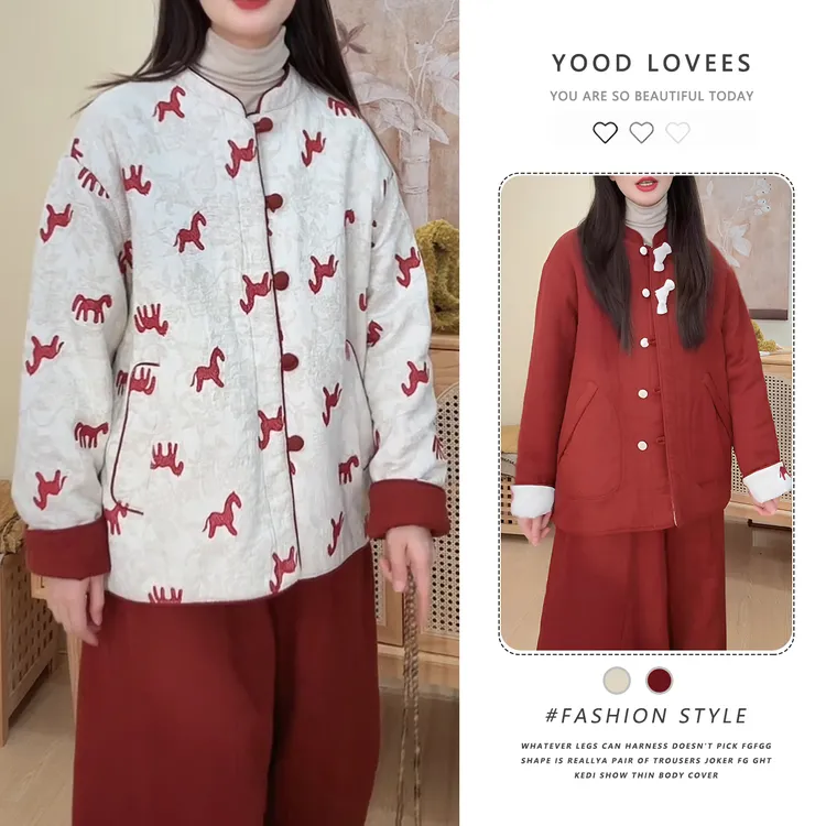 新中式国风印花复古马年夹棉冬季2025新款巨好看两面穿保暖短外套