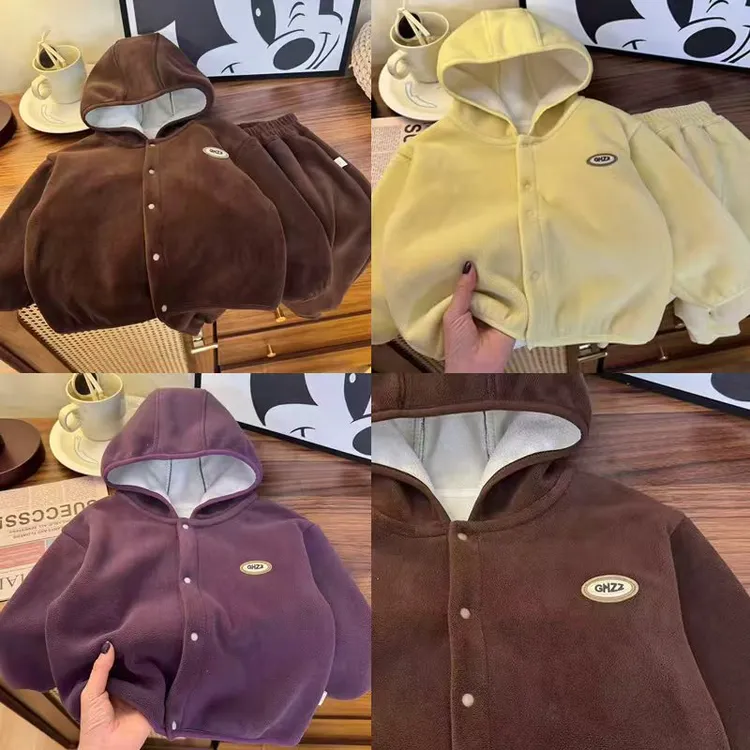 连帽奥粒绒套装儿童外穿加绒套装男女宝宝衣服样衣百搭奥利绒衣服