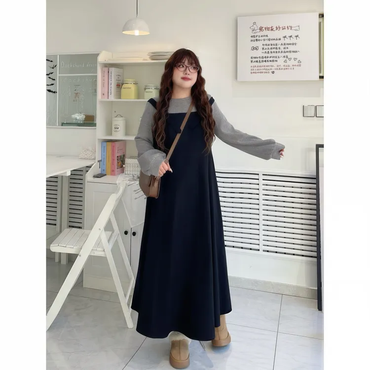 花契“焦糖可丽”大码女装冬季简约200斤胖mm复古拼接连衣裙16041-C