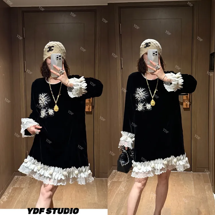 YDFSTUDIO小众【塞纳序章】欧货早秋重工刺绣撞色拼接设计连衣裙