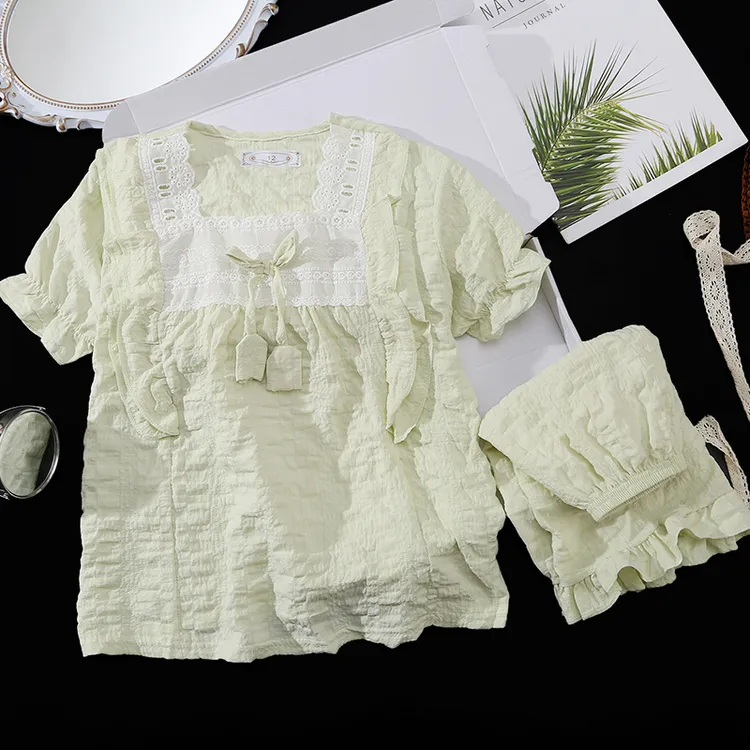 女童夏季睡衣儿童云朵棉公主风短袖短裤初中生带胸垫防凸点家居服