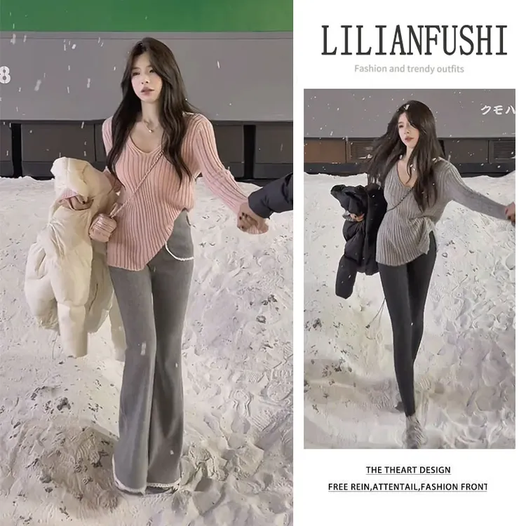 韩系穿搭2025秋冬新款宽松长袖棉服外套纯色打底衫微喇裤三件套女