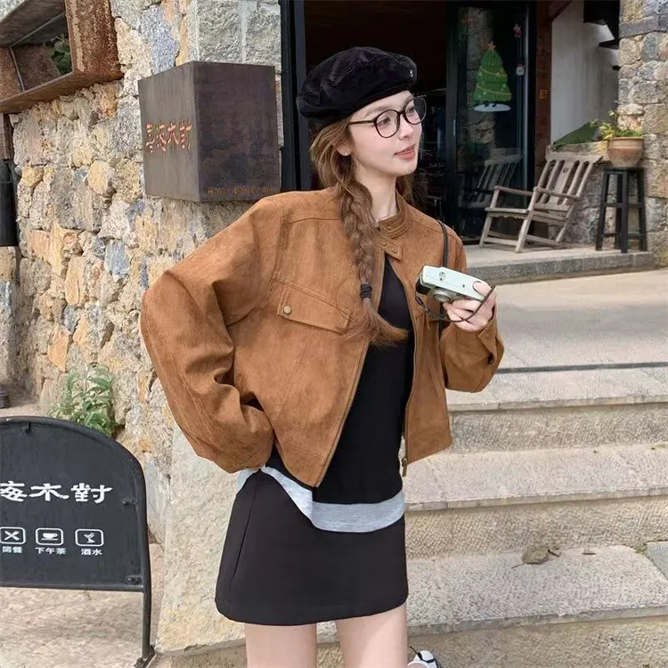 《复古特调》秋季外套女宽松短款复古咖色夹克上衣