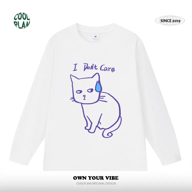 【i don't care】美式精神态度嘴替猫咪T恤手绘创意秋冬长袖t男女
