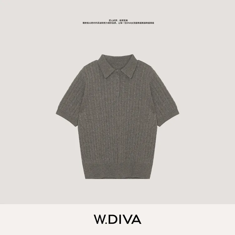 W.Diva【闲士罗纹】羊毛羊绒POLO针织衫绞花暗门襟短袖女53Z262872