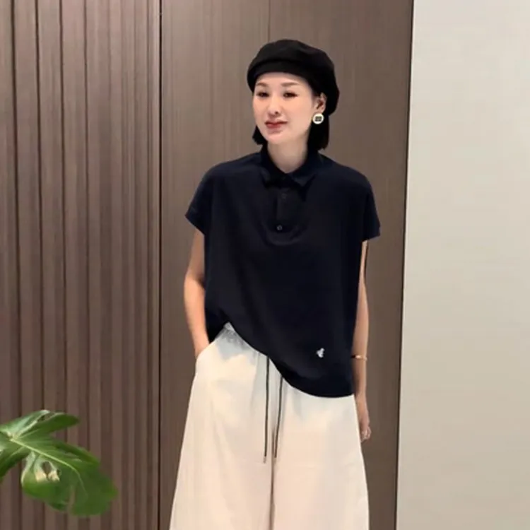 时尚高级感宽松POLO领短袖t恤女夏季新款简约休闲百搭显瘦上衣潮