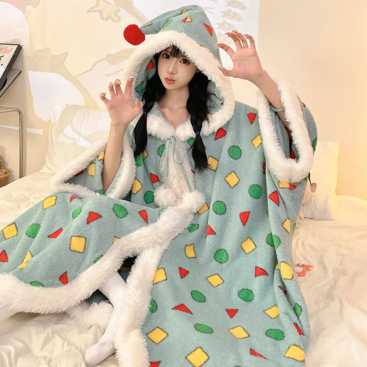 半边绒睡袍女冬加厚加绒保暖珊瑚绒浴巾女士可穿可裹日系家居浴袍