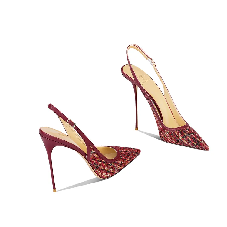 红色织物高跟鞋细跟尖头高级感2025新款夏季时尚法式配旗袍单鞋