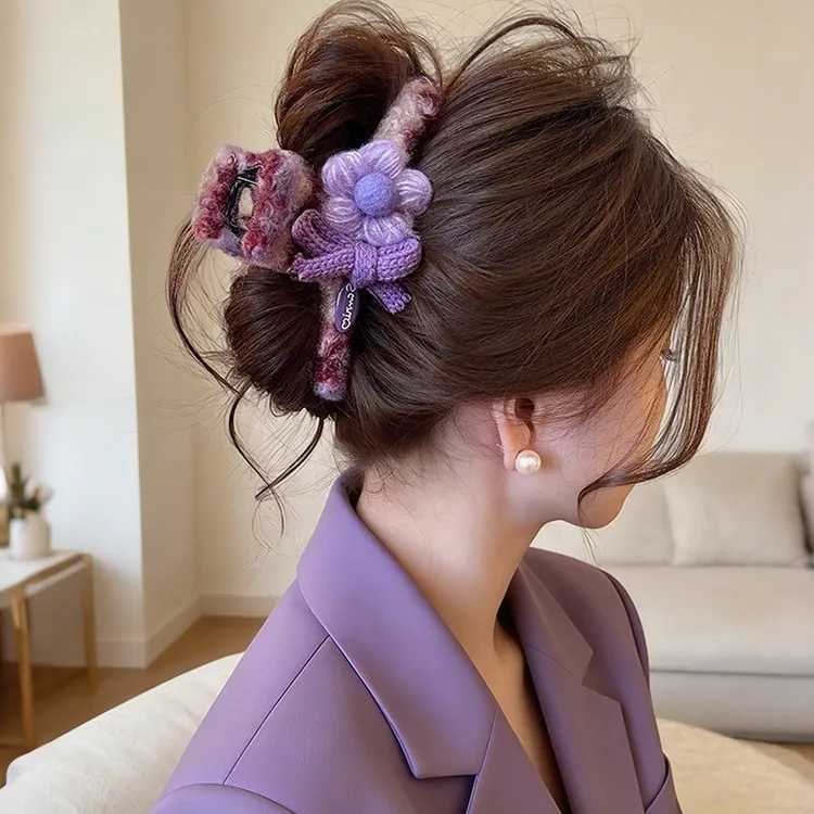 紫色花朵~蝴蝶结抓夹毛绒发夹2025新款高级感鲨鱼夹大号盘发头饰