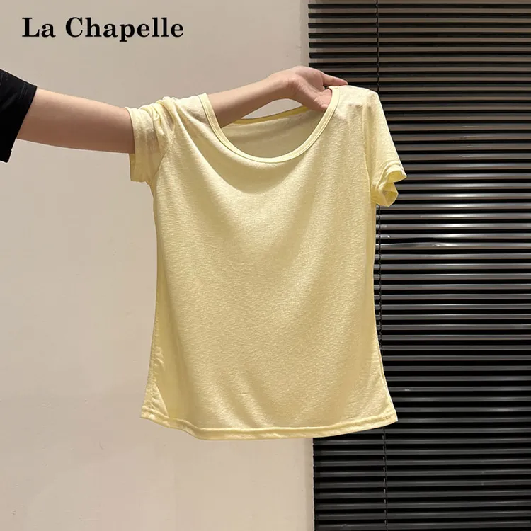 拉夏贝尔奶黄色薄款U型领短袖t恤女装夏日ootd穿搭宽松休闲小上衣