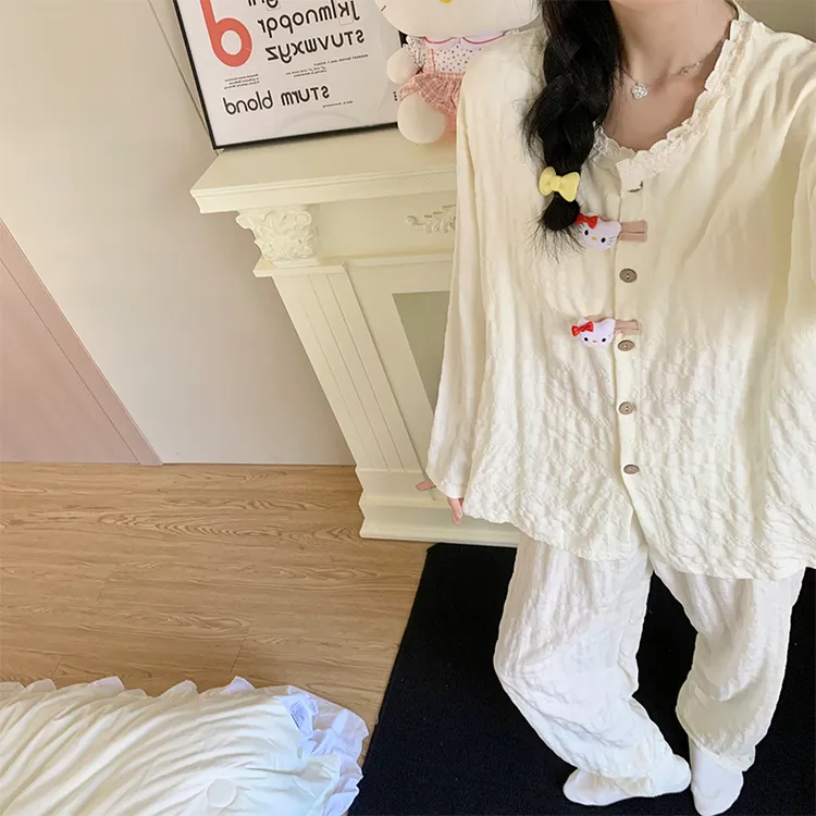 HelloKitty睡衣女春秋长袖可爱凯蒂猫带胸垫奶fufu家居服套装夏天