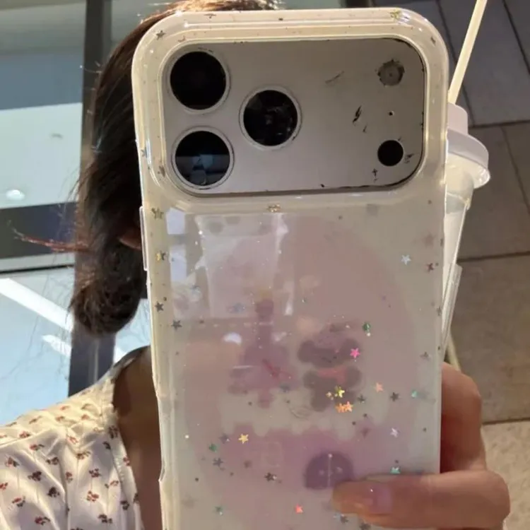 卡通闪粉淡紫小熊适用苹果17promax手机壳iphone16少女心15防摔14