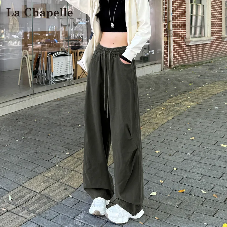 拉夏贝尔军绿色美式工装裤女秋2025新款户外风阔腿登山运动休闲裤