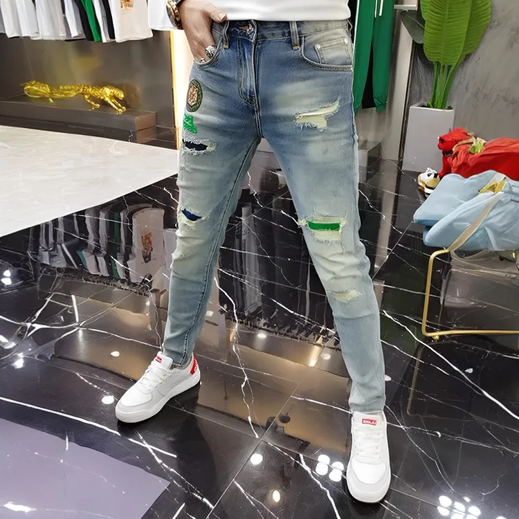 欧洲站男士牛仔裤破洞小脚修身潮牌韩版夏季休闲长裤子弹力乞丐裤