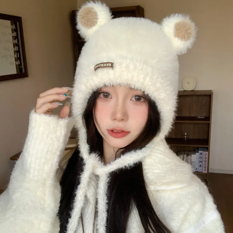 无檐甜美可爱冬季极简风秋冬帽子骑车学生毛绒秋冬季针织百搭