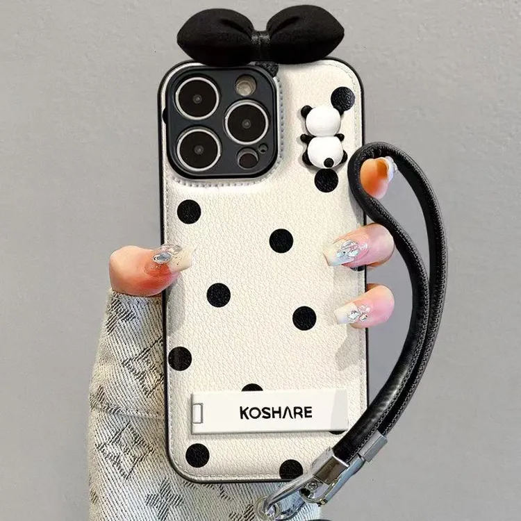 ins波点熊猫挂绳支架适用苹果17promax/16手机壳小米vivo华为oppo