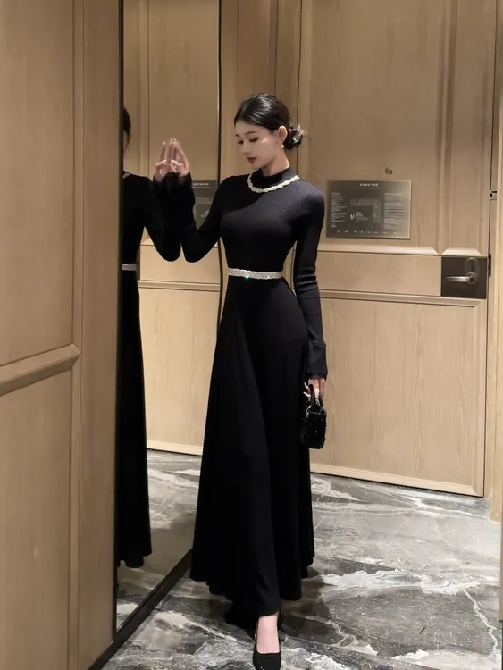 春日部【浅枫落日】法式修身气质长裙连衣裙01237