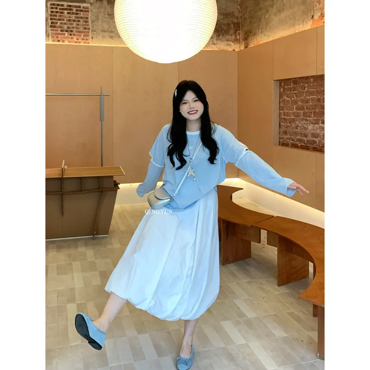 青屿衫-微胖显瘦韩系气质减龄撞色长袖T恤早秋薄款刺绣上衣大码女