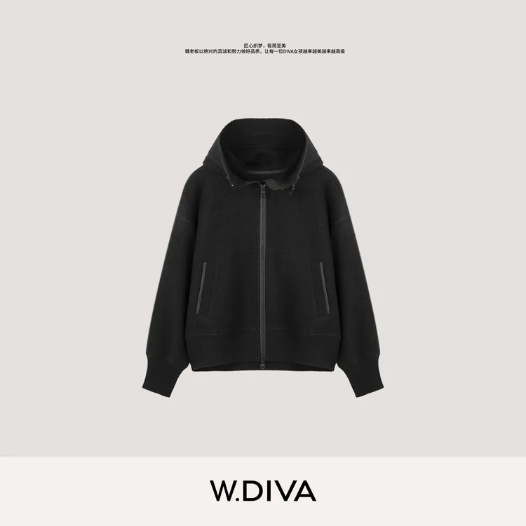 W.Diva【信使】100%羊毛秋冬连帽抽绳立领双拉链卫衣外套53C223126