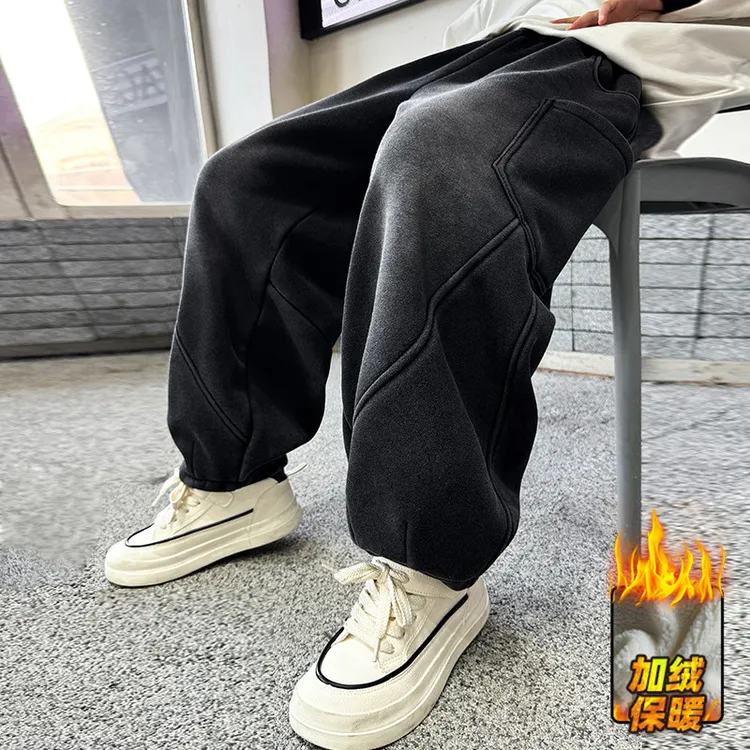 男童黑色砂洗做旧加绒一体绒卫裤秋冬2025儿童加厚保暖裤子中大童