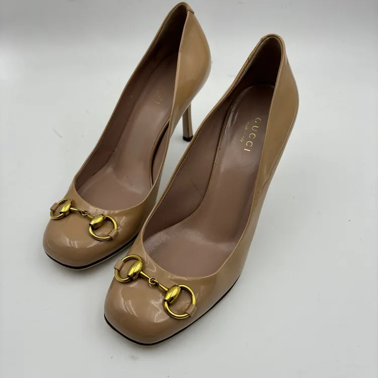 95新 GUCCI/古驰 37.5码/gucci古驰马衔扣高跟鞋/无盒