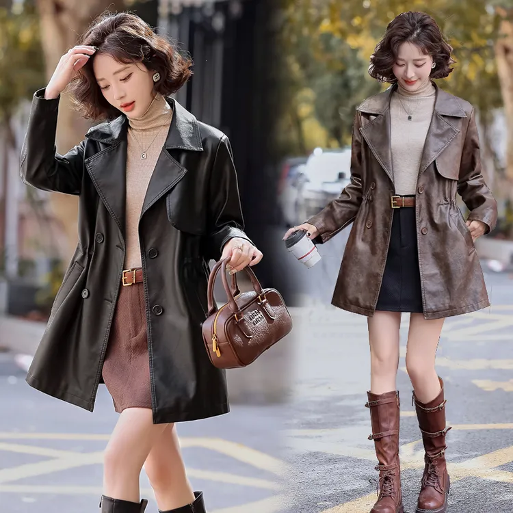海宁真皮皮衣女中长款高档2025春秋新款绵羊皮时尚修身皮风衣外套