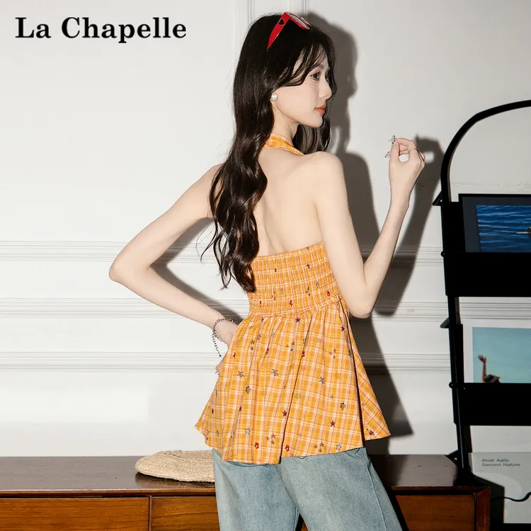 拉夏贝尔挂脖无袖背心吊带女2025夏季新款格纹修身显瘦美背上衣潮