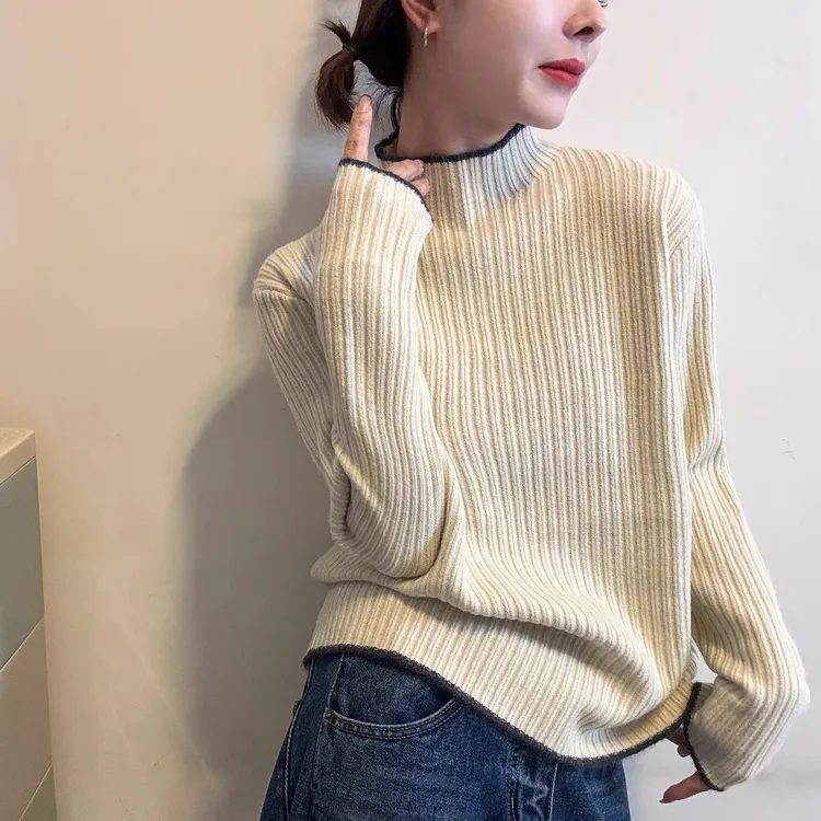 【原版】撞色坑条高领羊毛针织衫女欧洲站2025冬装新款欧货女装打底