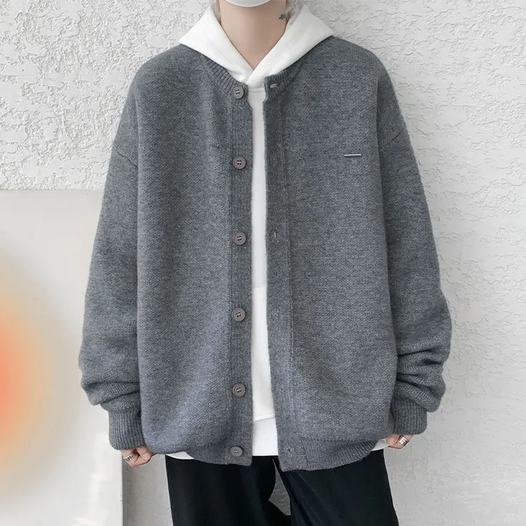 2025秋冬新款棒球领粗针开衫纯色宽松休闲慵懒感毛衣外套男女