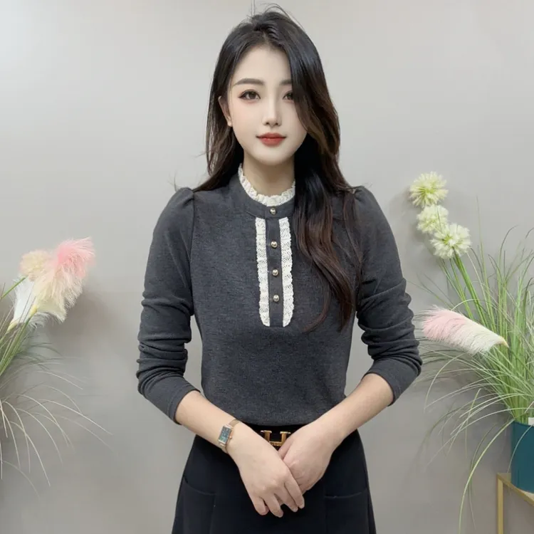 【KK】YBB2569冬季上新纯色小花边领款气质百搭衬衫