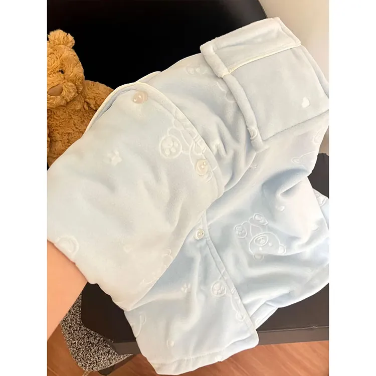 蓝色可爱小熊海岛绒睡衣女秋冬保暖翻领加厚开衫长袖长裤家居套装