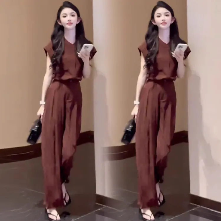 时尚休闲套装女2025夏季新款洋气显瘦飞飞袖宽松上衣阔腿裤两件套