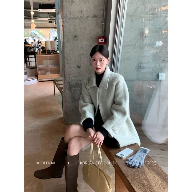DH OFFICIAL大花【京都焙茶 coat】冬季翻领单排扣宽松毛呢大衣外套