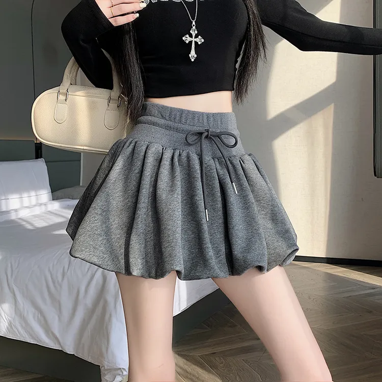 甜美蓬蓬灰色花苞裙女秋冬高腰休闲百搭a字短裙小个子显瘦半身裙