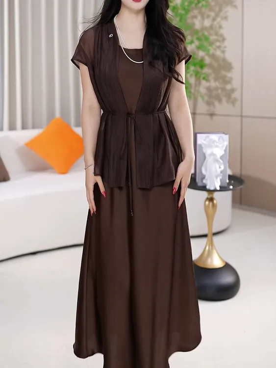 休闲风简约贵气裙套装2025夏季新款气质复古背心连衣裙+纯色罩衫