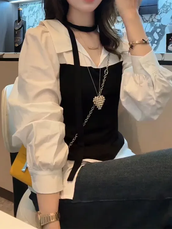 韩系拼接假两件长袖衬衫女款2025新款秋季通勤穿搭设计感小众上衣