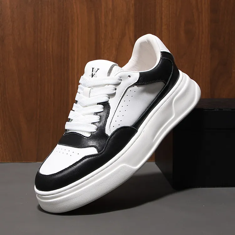 【万达专柜】头层牛皮男鞋秋冬真皮熊猫鞋内增高厚底板鞋小白鞋男