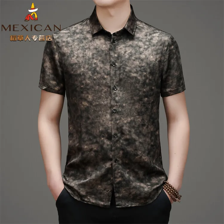 稻草人高品质短袖新款刺绣男士夏季休闲时尚仿香云纱翻领上衣2025