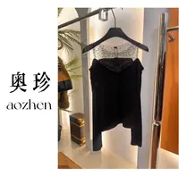 【冰晶碎钻】法式一字肩烫钻网纱性感高级拼接露肩长袖上衣