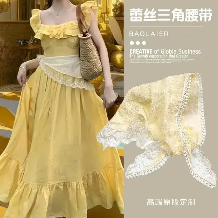 连衣裙腰巾新款百搭夏蕾丝三角巾腰封腰带配裙子绑带系在腰上丝巾