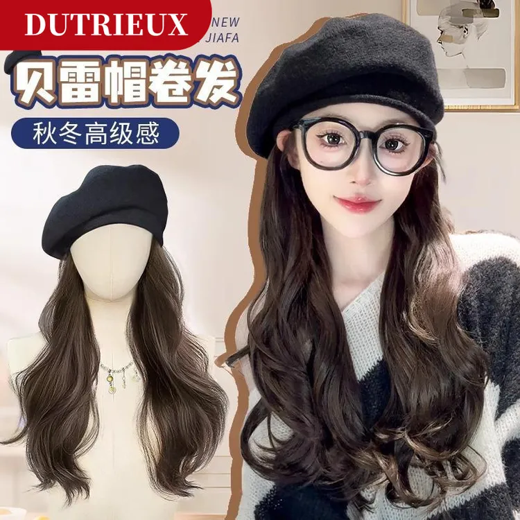 假发帽子一体式大波浪长卷发女士贝雷帽秋冬氛围感全头套帽子假发