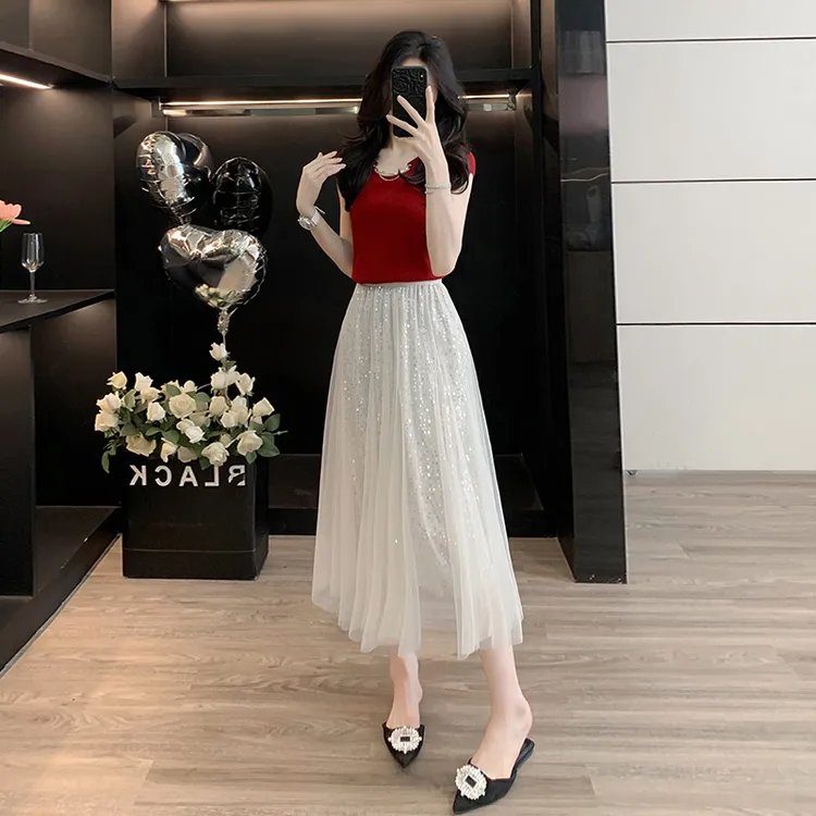 正肩短袖t恤女夏季甜辣妹短款小上衣亮片重工半身裙中长款纱裙子