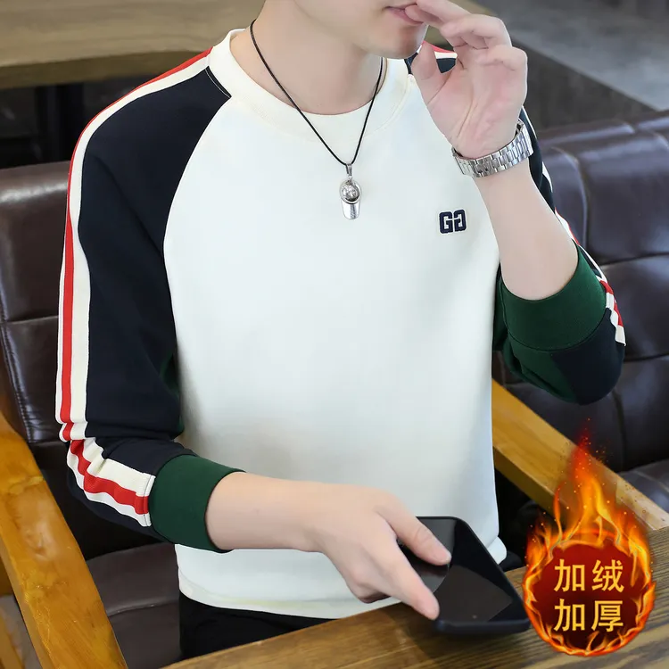 高档秋冬圆领刺绣拼接卫衣男士加绒加厚长袖体恤打底衫男装87067