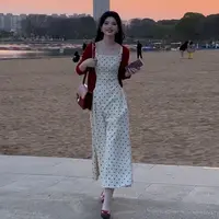 法式复古红色开衫波点连衣裙子女夏季2025海边度假风长裙套装2422