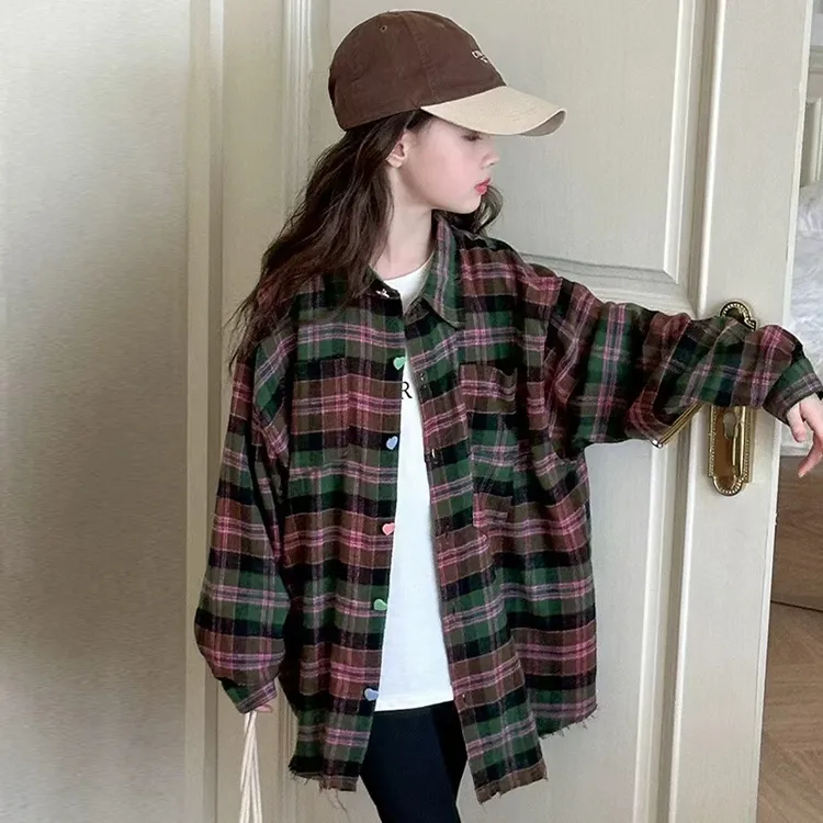 女童格子衬衫休闲韩版慵懒风春秋款6-12岁15中大童初中生外套长袖