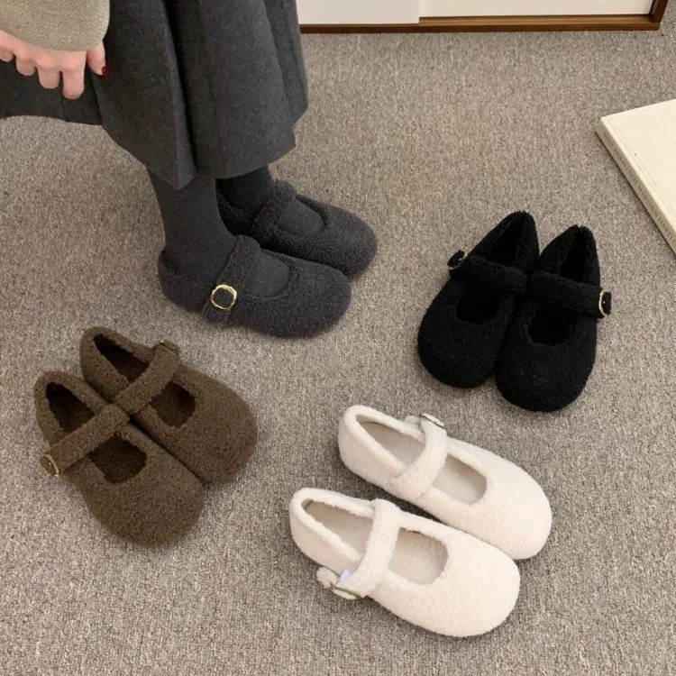 灰色玛丽珍毛毛鞋女冬外穿新款韩版呢子单鞋女平底加绒保暖棉鞋子