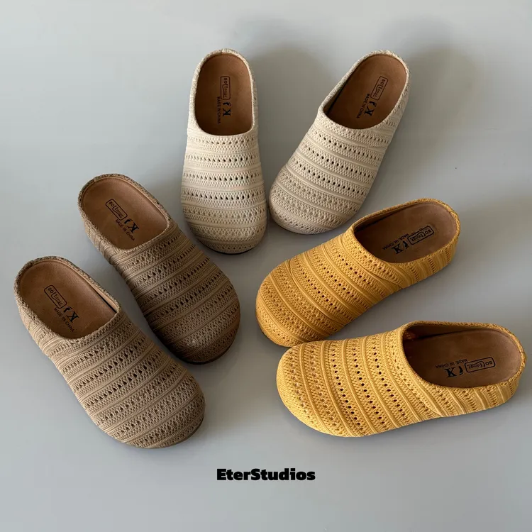 Es家厚底波西米亚勃肯一脚蹬编织包头半拖内增高小众镂空拖鞋