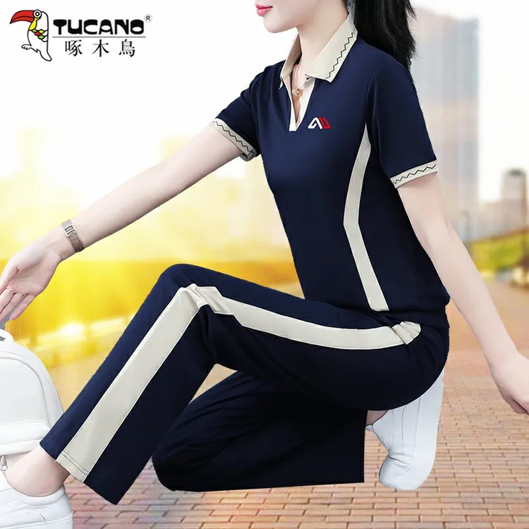 啄木鸟休闲运动服套装女士夏装薄款2025新款时尚短袖妈妈装两件套
